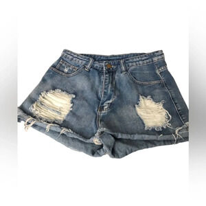 Distressed‎ Denim Shorts Ripped Raw Hem Cuffed Blue Jean Shorts